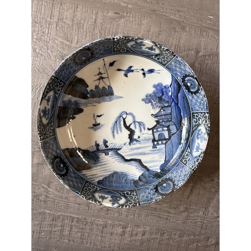 Vintage Japanese Blue White Porcelain Bowl 10" x 3" Landscape Pagoda Arita Style